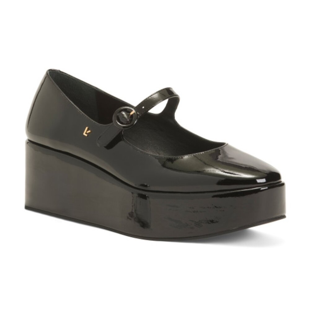 Larroude Glossy Black Wedges with Strap
